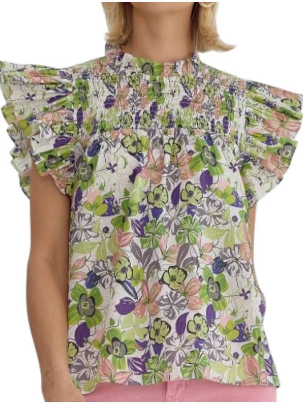 NEW ENTRO women's hazel short sleeve top in lime + multi